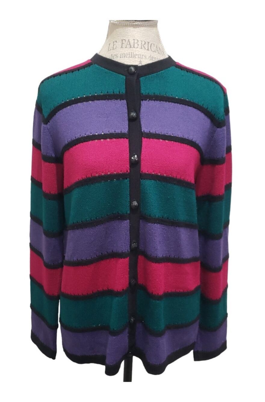 Alfred Dunner Multi Color Striped Button Up Long Sleeve Cardigan Sweater